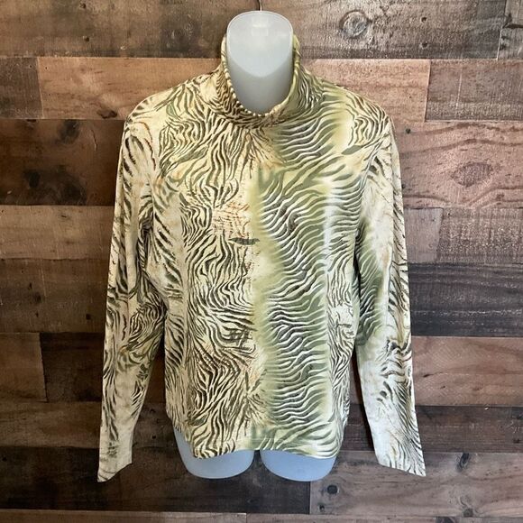 Carlisle Top Silk Blend Turtleneck Tropical Jungle Print Green Tan Brown XL - Picture 8 of 8